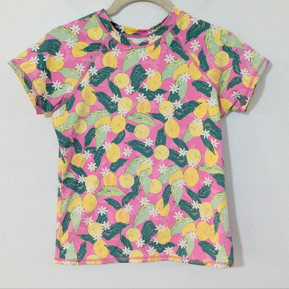 Garnet Hills Kids Lemon Print Rash Guard Swimwear Top Pink Yellow Girls 12